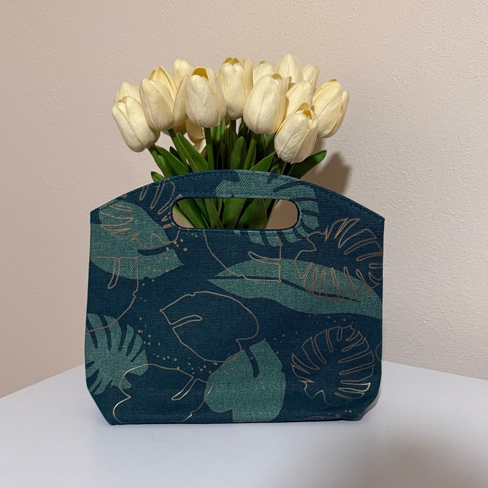 Biossance Teal and Mint Tropical Leaf Mini Canvas Tote